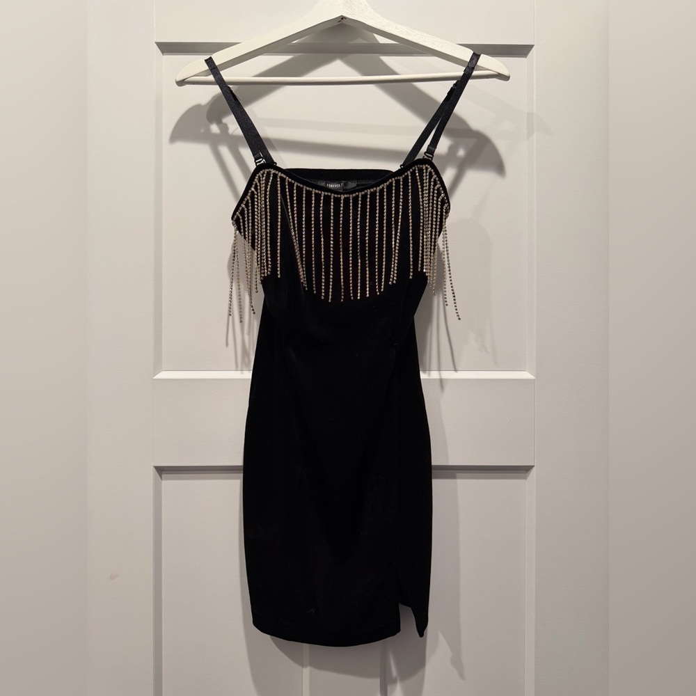 Forever 21 Mini Suede Black Dress with Waterfall Diamond Accents | Size XS
